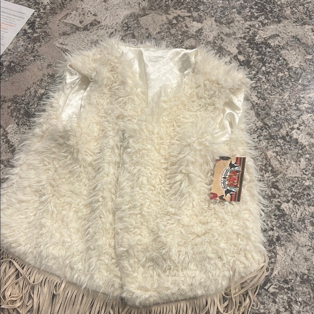 Cream Faux Fur Vest with Fringe